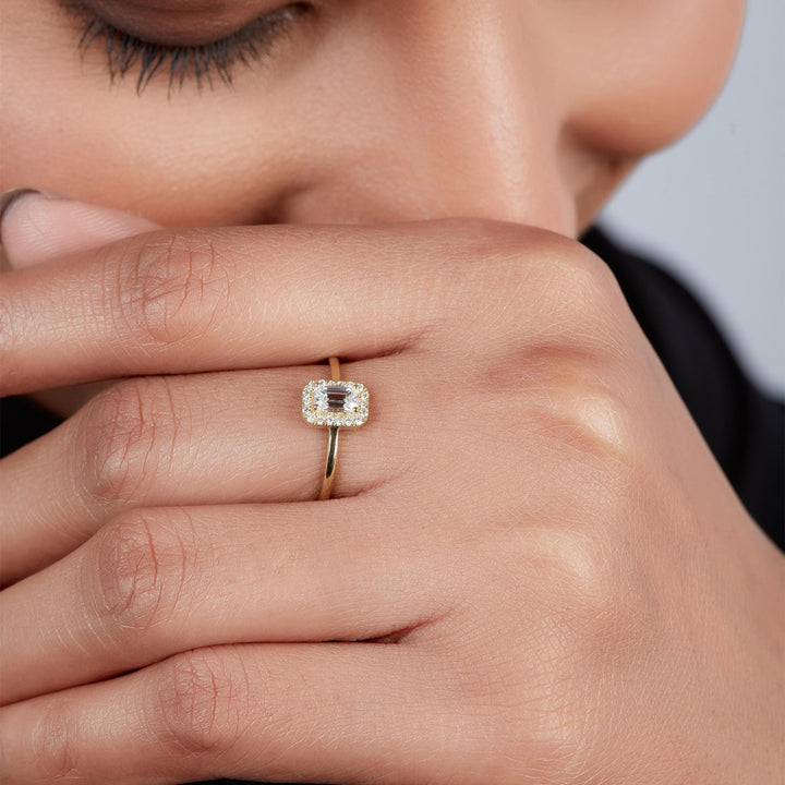 14K Gold Emerald Cut Lab Grown Diamond Halo Ring - Petite Promise Ring