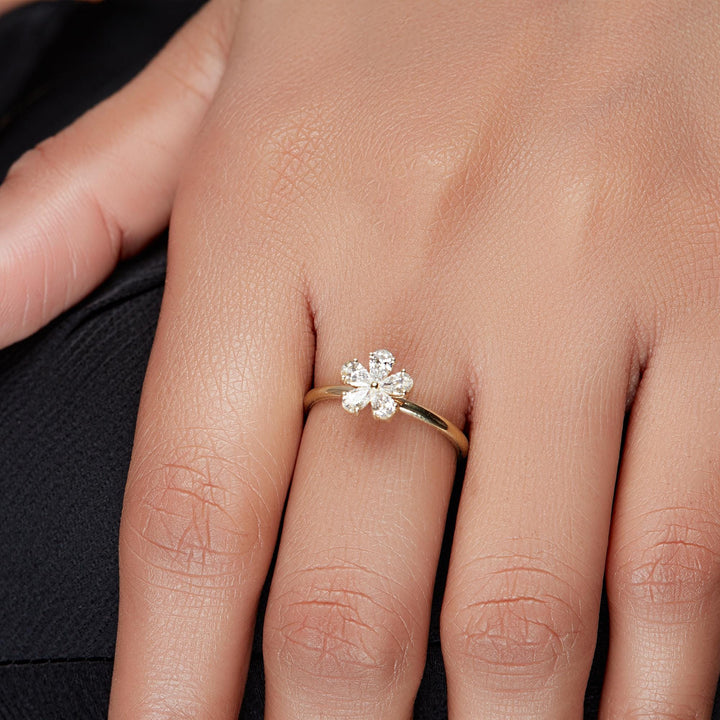 14K Gold Diamond Flower Ring: Pear Cut Petal Cluster, 0.40 ctw