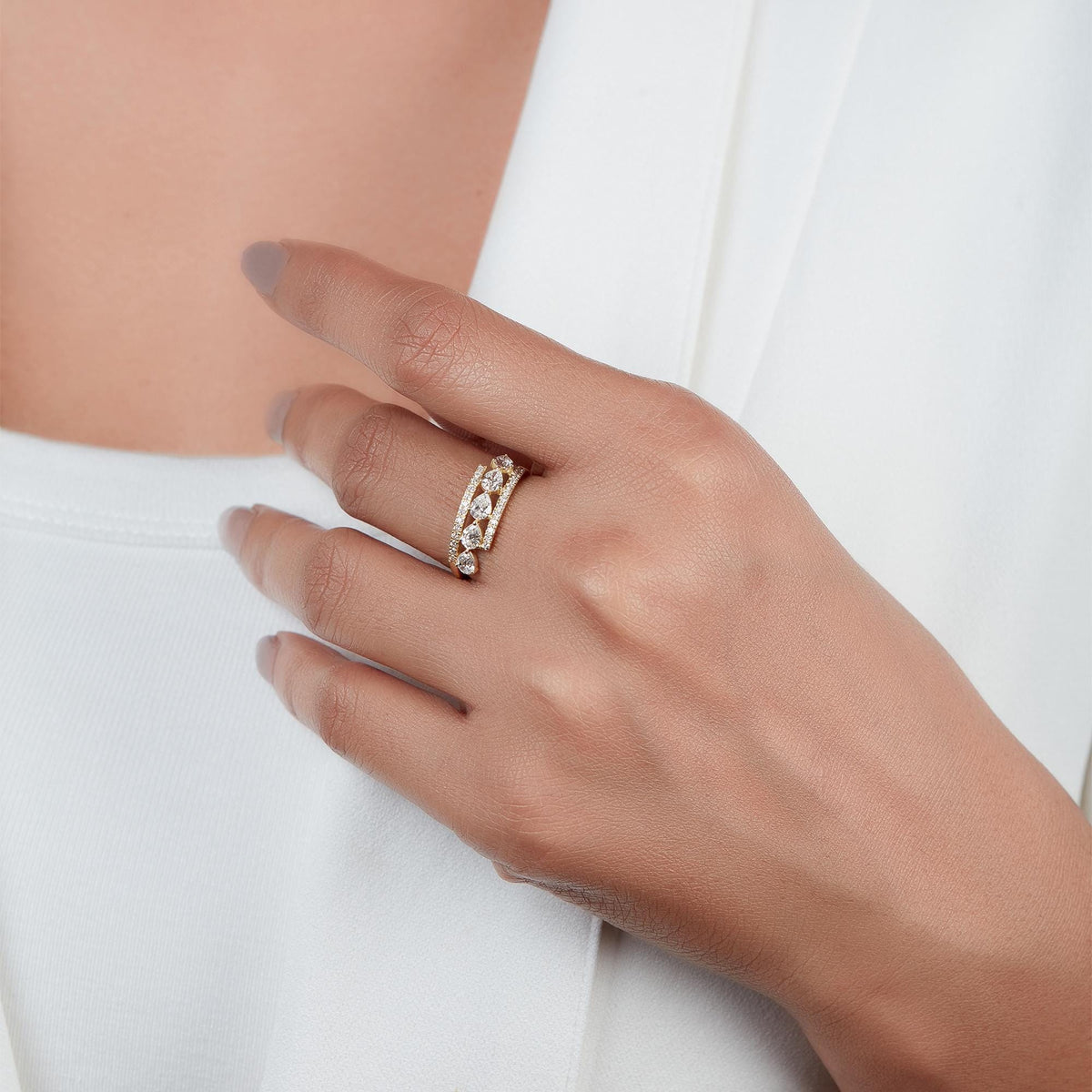 14K Gold Lab Grown Diamond Band | Pear and Round Diamond Ring | Multi Row Wedding Band | 0.80CT Bridal Anniversary Gift