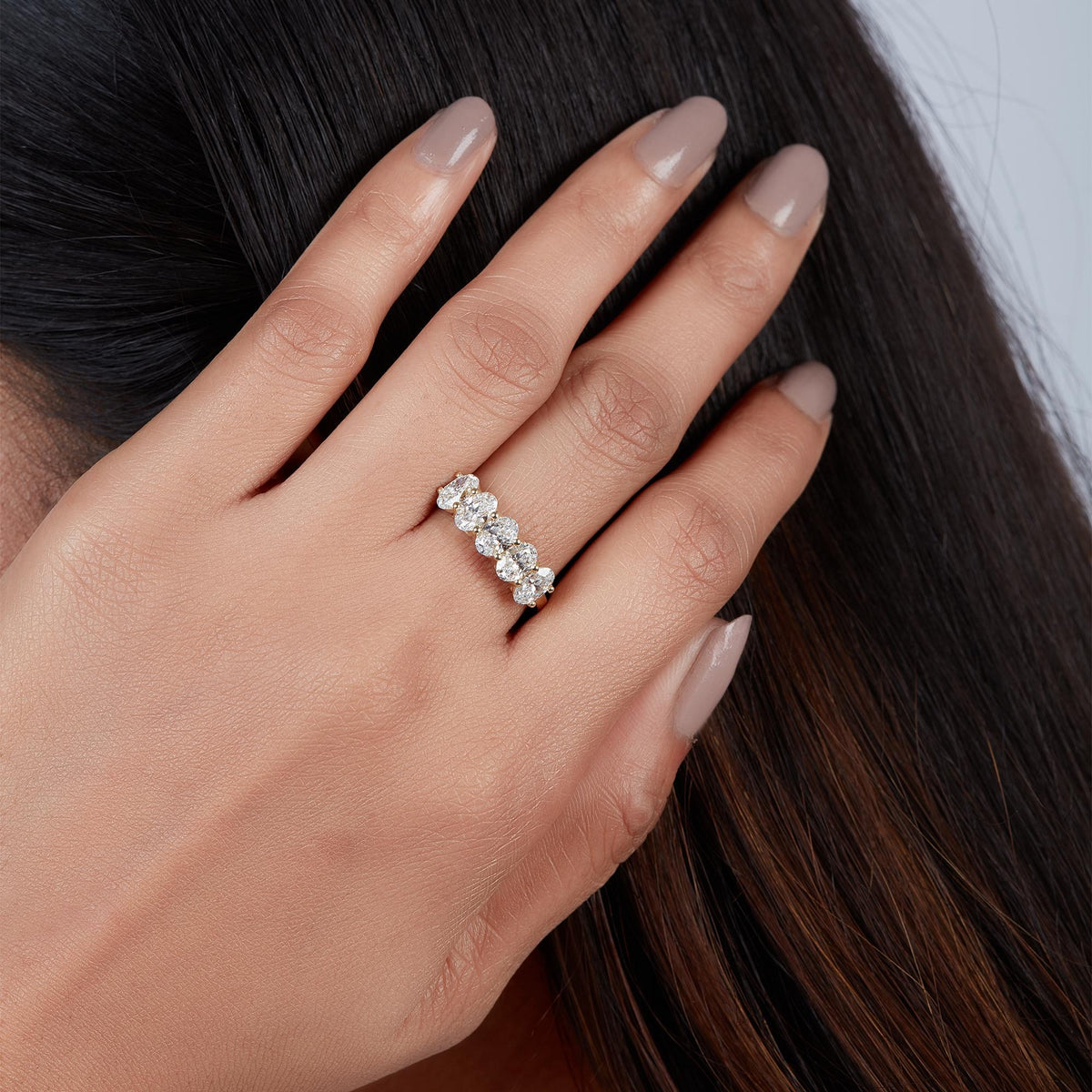 1.75 CTW Oval Diamond Anniversary Band | 14K Gold 5 Stone Lab Grown Wedding Ring | Stacking Band for Women