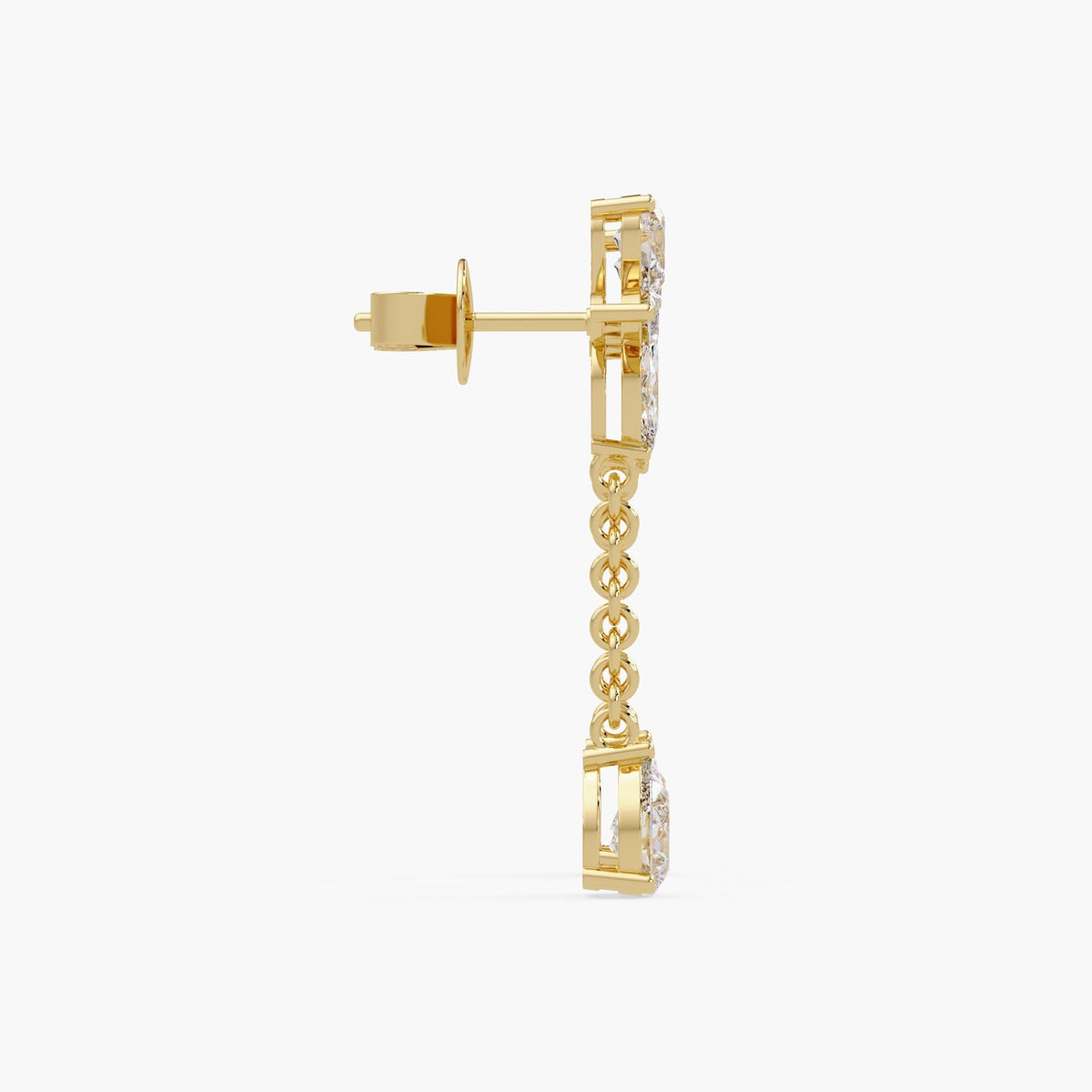 14K gold marquise and pear lab diamond flower earrings showing chain drop and stud post design