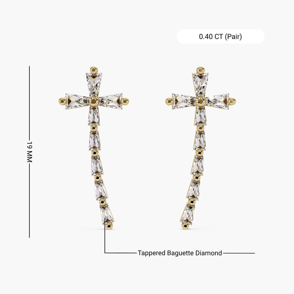 14K yellow gold baguette diamond cross stud earrings, lab grown diamonds, perfect Christmas gift for daughter