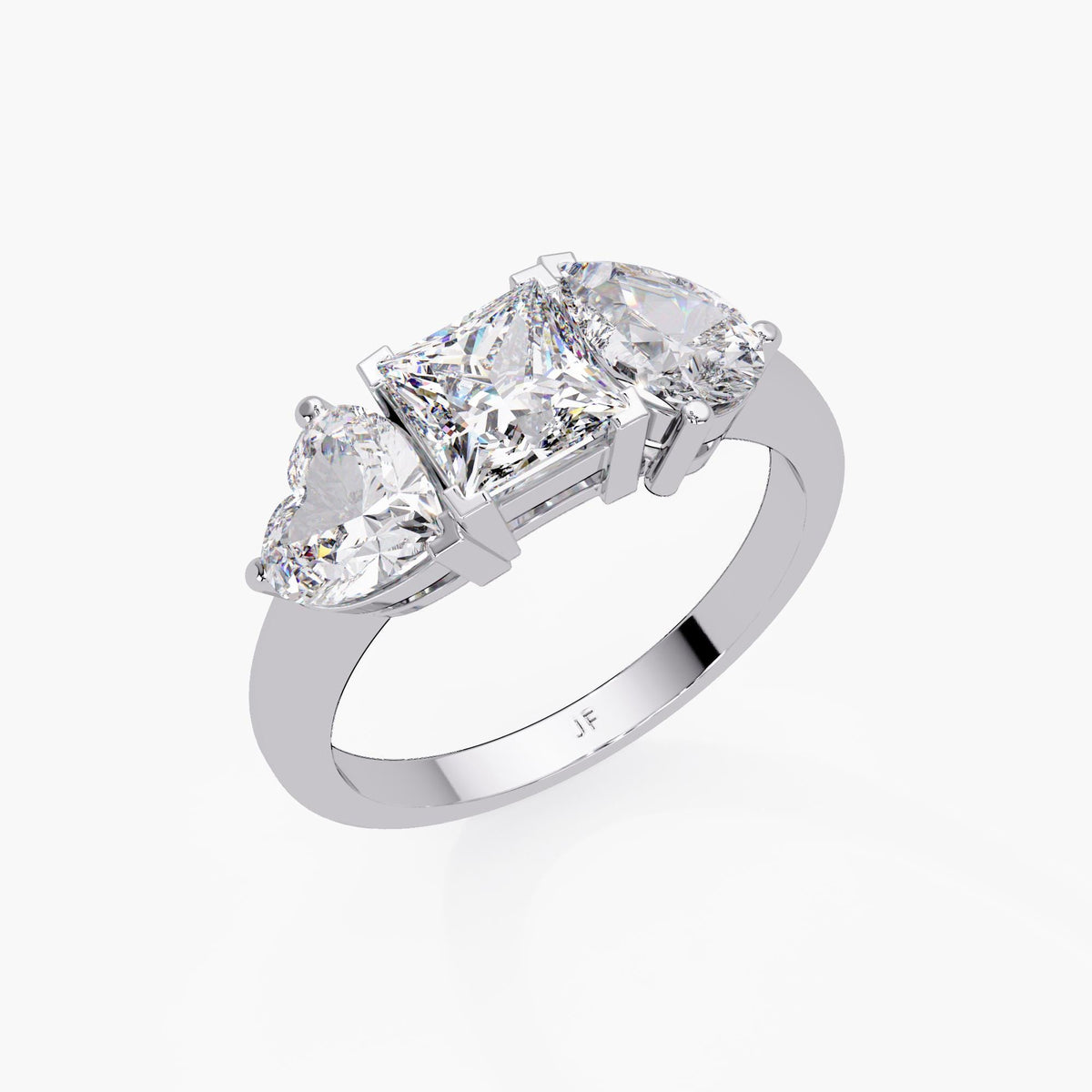 925 sterling silve three-stone lab diamond ring showing prong setting and polished band detail