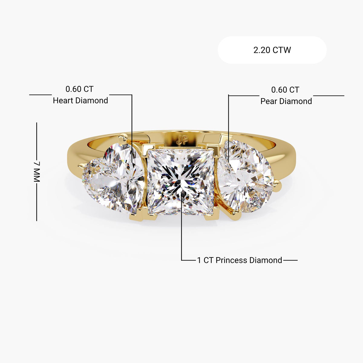 14K gold three-stone lab diamond ring showing prong setting and polished band detail
