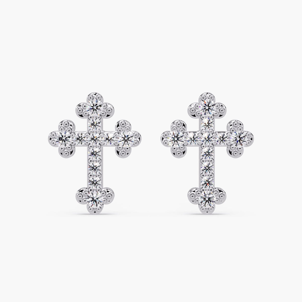 14K white gold diamond cross stud earrings with pavé natural diamonds
