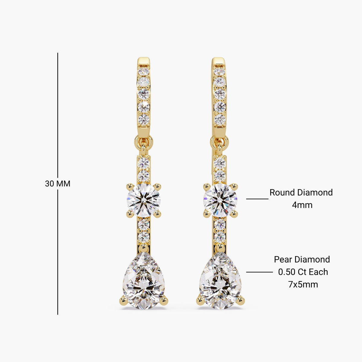 14k Yellow gold diamond dangle earrings, 1.75 CTW lab-grown diamonds.