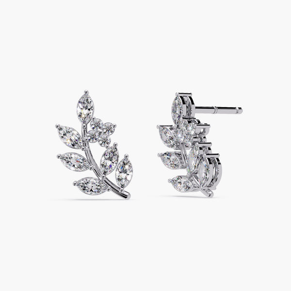 14K Gold Diamond Leaf Earrings, 0.70 Ct Marquise Leaf Wedding Studs, Diamond Vine Earrings with Pink Diamond Flower Studs
