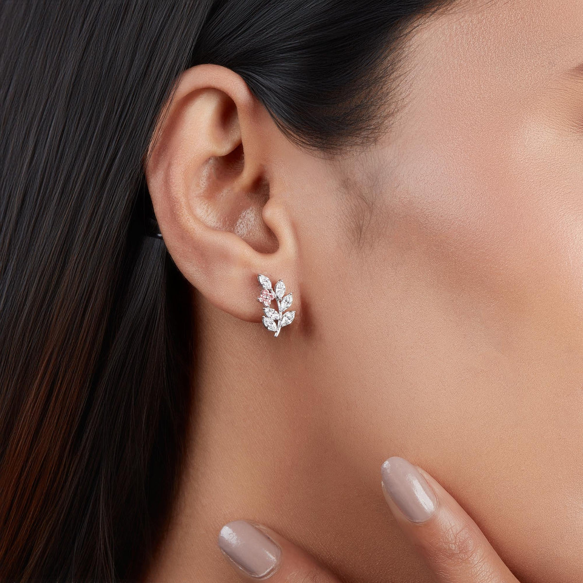 Marquise Leaves Earring / Diamond Prong Climber Vines / Diamond Vine Earrings / 14K Rose Gold / Pink Diamond Studs / Lab Diamond Vine Earrings / Vine Earrings Gold with Diamonds / Little Diamond Leaf Earrings / Marquise Leaf Earrings / Leaf Wedding Earrings Climber / Branch Earrings / Solid Gold Nature Earrings