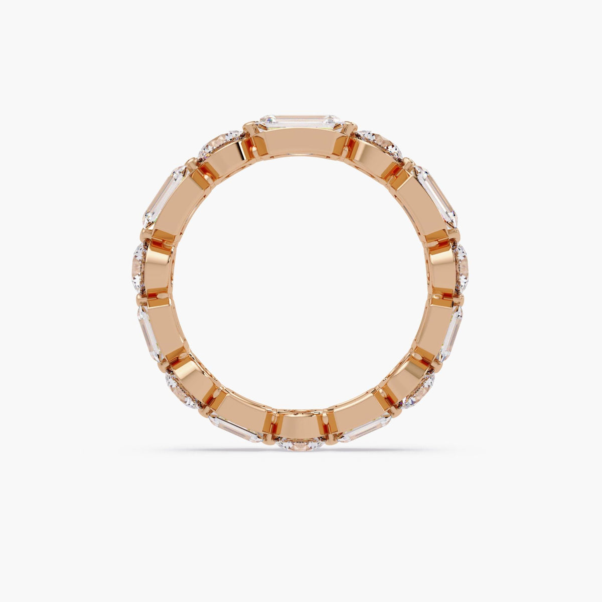 14K rose gold tapered eternity band with lab grown emerald and round diamonds
