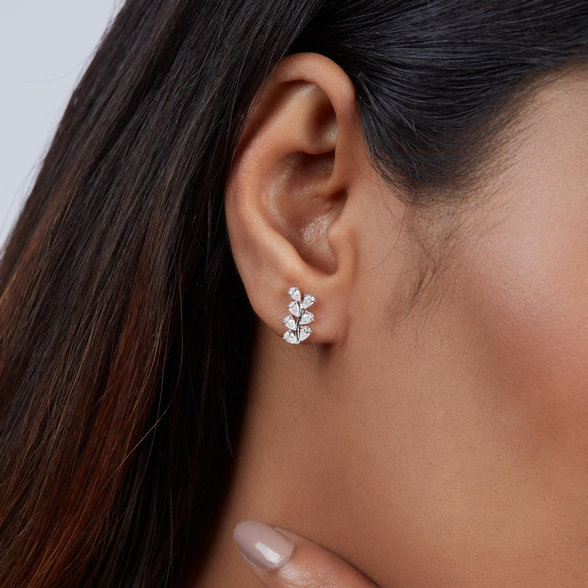 Petite vine diamond earrings in 14K gold featuring pear and round-cut lab diamonds