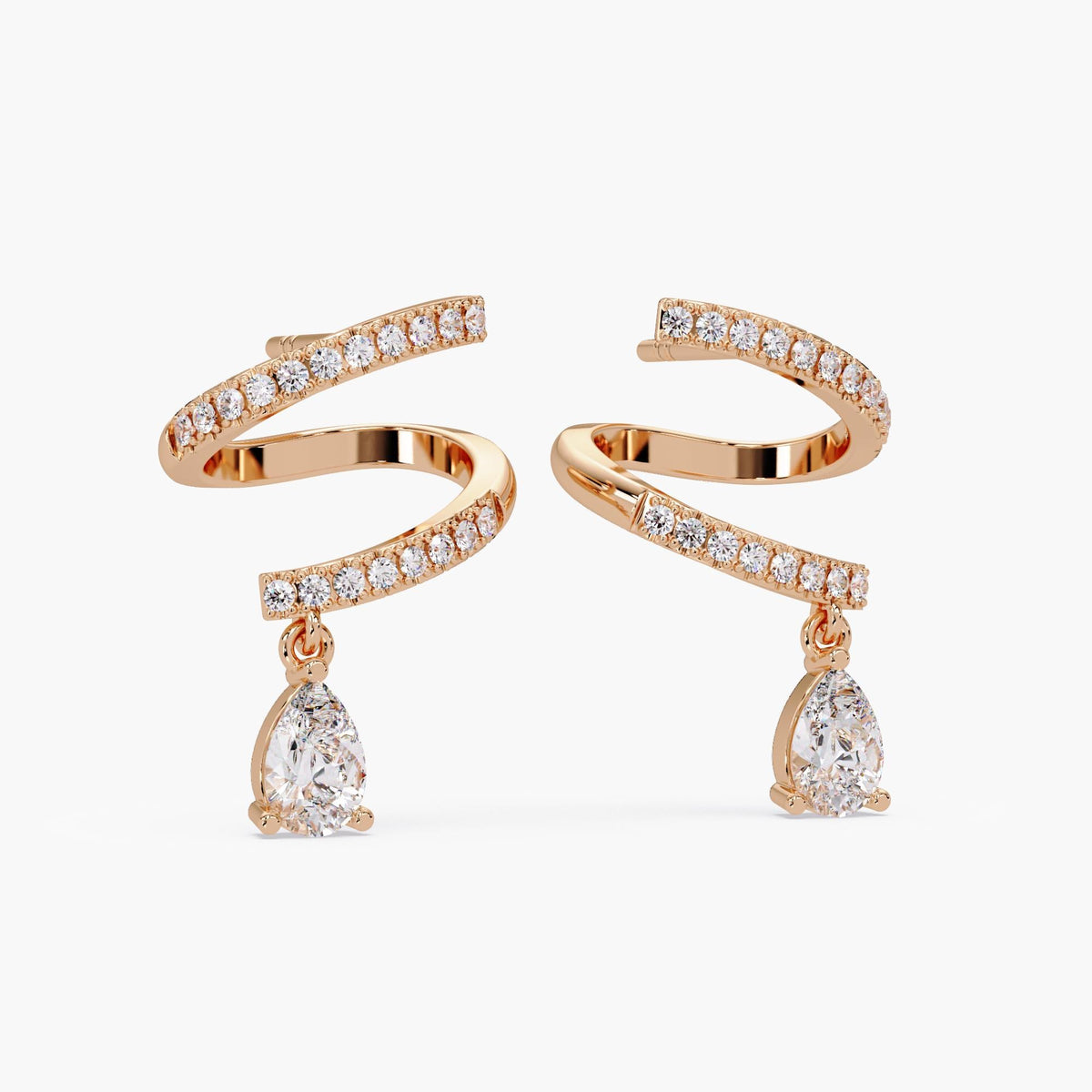 14K rose gold spiral pavé diamond earrings with pear-shaped lab diamond drop,