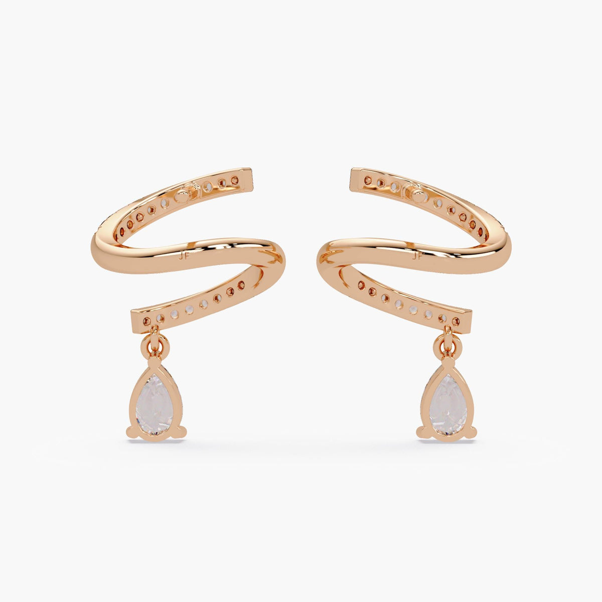 14K rose gold spiral pavé diamond earrings with pear-shaped lab diamond drop,