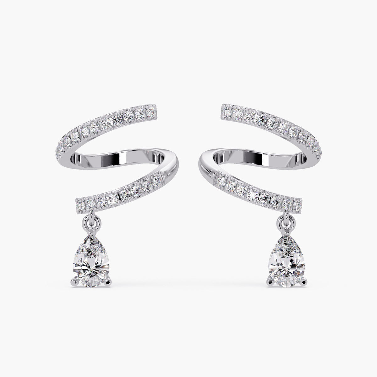14K white gold spiral pavé diamond earrings with pear-shaped lab diamond drop,