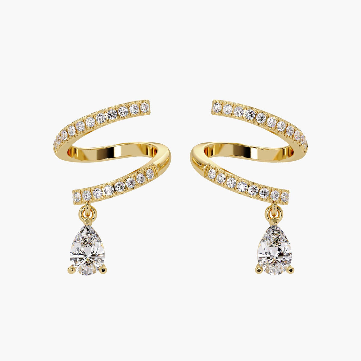 14K gold spiral pavé diamond earrings with pear-shaped lab diamond drop, front view.
