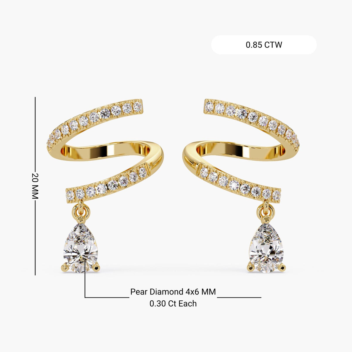 Side angle of gold wrap-style diamond earrings with 6×4 mm pear diamond drop.