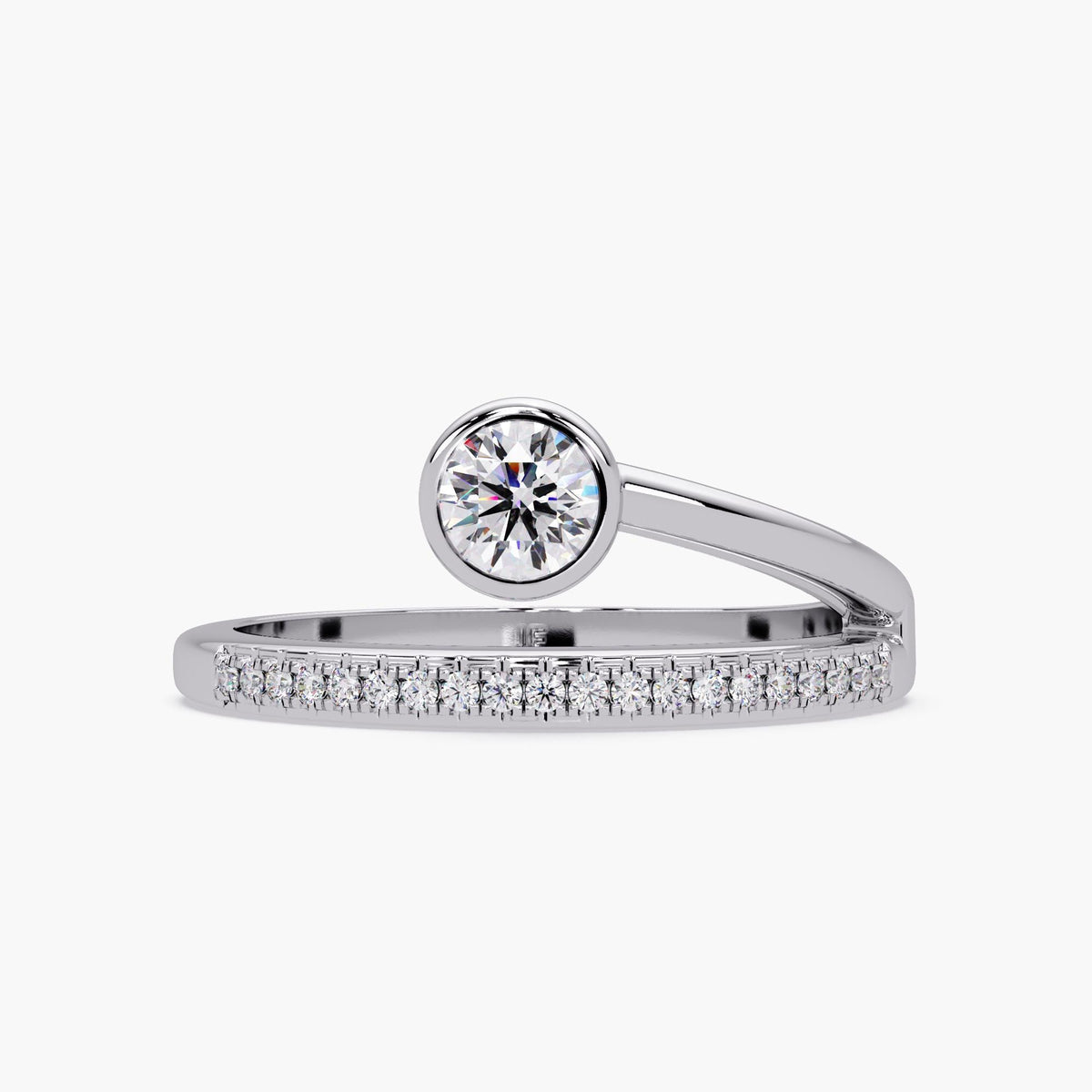 14K white gold diamond wrap pinky ring with a round bezel-set center and pavé wrap band.