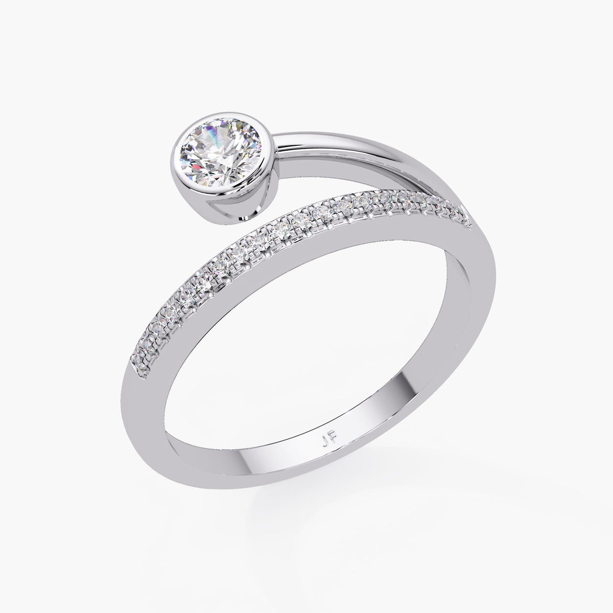 14K white gold diamond wrap pinky ring with a round bezel-set center and pavé wrap band.
