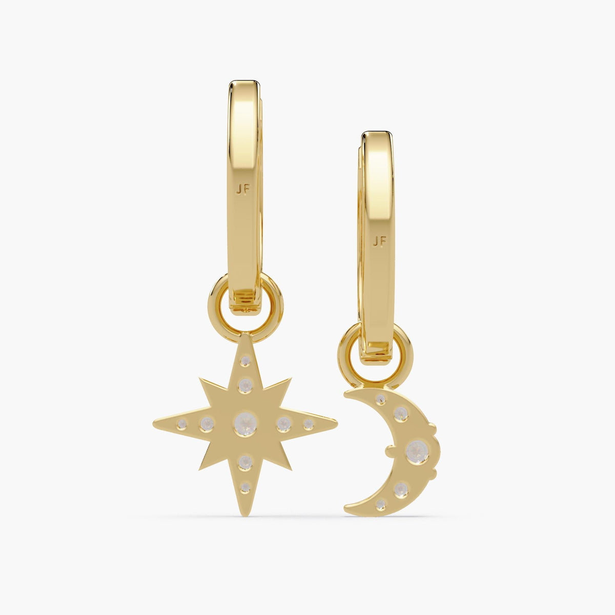 14K Gold Celestial Diamond Huggies showing micro pavé detailing and polished finish