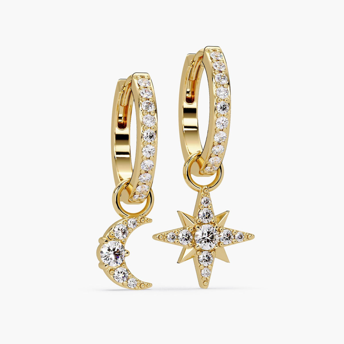 14K Gold Moon and Sun Diamond Earrings with Pavé Hoop and Dangle Charms, Astrological Design