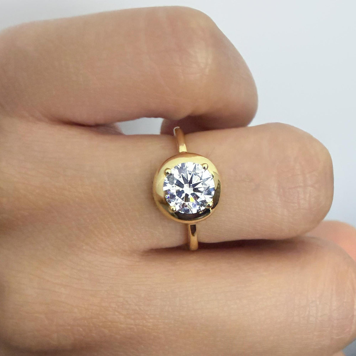 Round Diamond Dome Ring in 14K Gold, 1.25 Ct Lab Diamond Bezel Set Ring, Chunky Gold Statement Ring for Her, Gift for Wife
