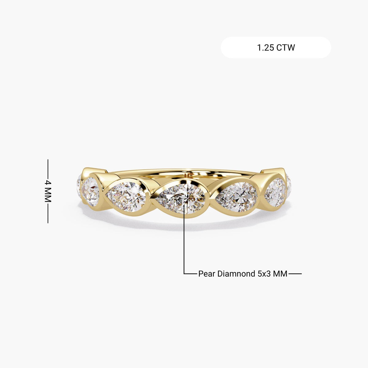 14K yellow gold pear diamond bezel band with seven 5x3mm lab-grown diamonds set east-west in a 4mm half-eternity design.