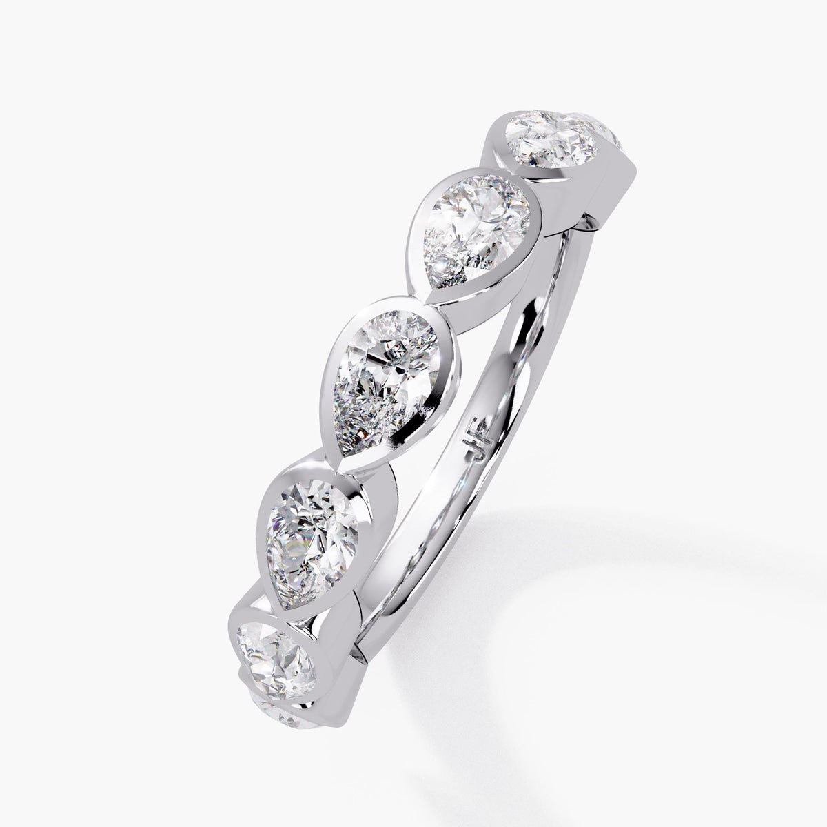 14K white gold pear diamond bezel band with seven 5x3mm lab-grown diamonds set east-west in a 4mm half-eternity design.