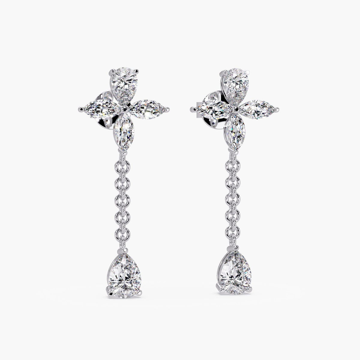 14K white gold marquise and pear lab diamond floral drop earrings with dangling chain and pear teardrop ends