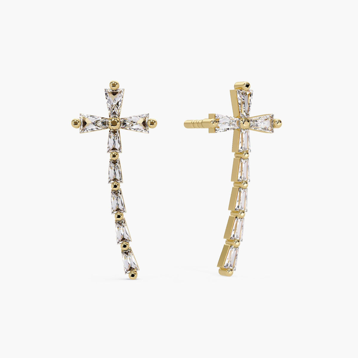14K yellow gold baguette diamond cross stud earrings, lab grown diamonds, perfect Christmas gift for daughter