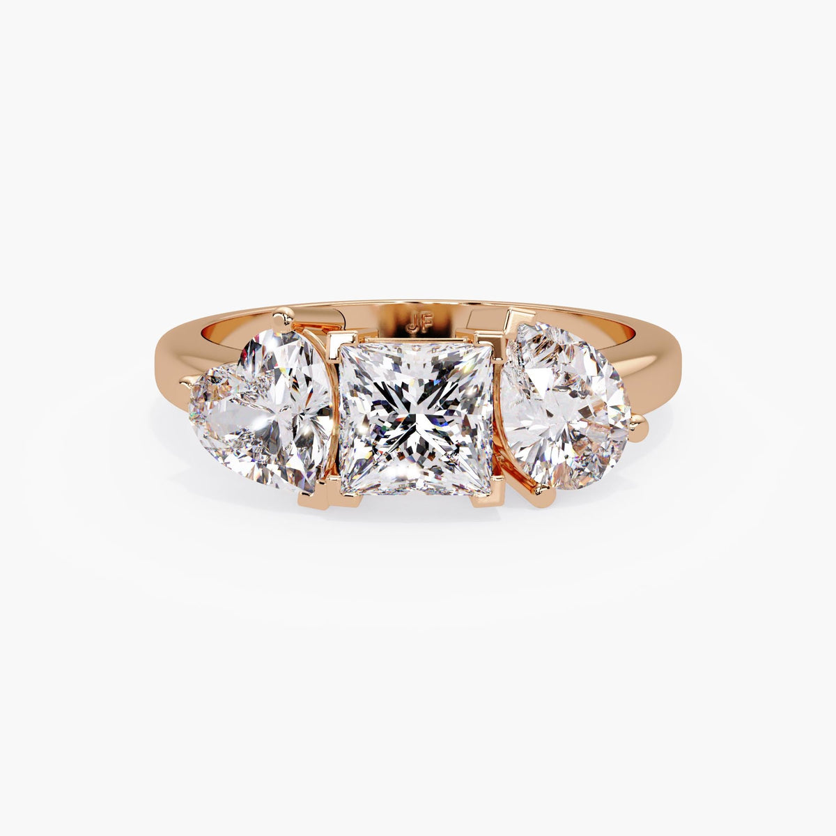 Rose gold princess heart pear lab diamond ring, romantic three-stone engagement design