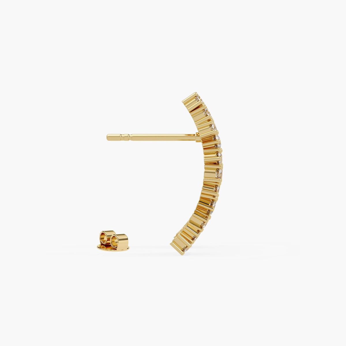 14K gold diamond half hoop earrings with pushback post and prong-set diamonds.