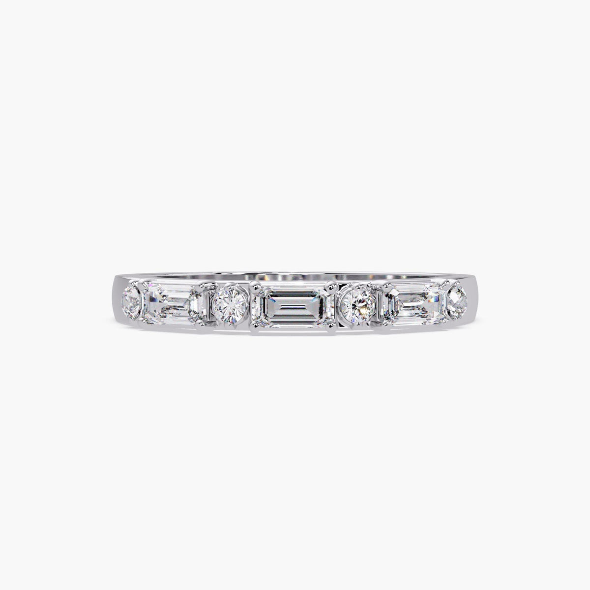 14K white gold emerald and round diamond band, 0.30 CTW.