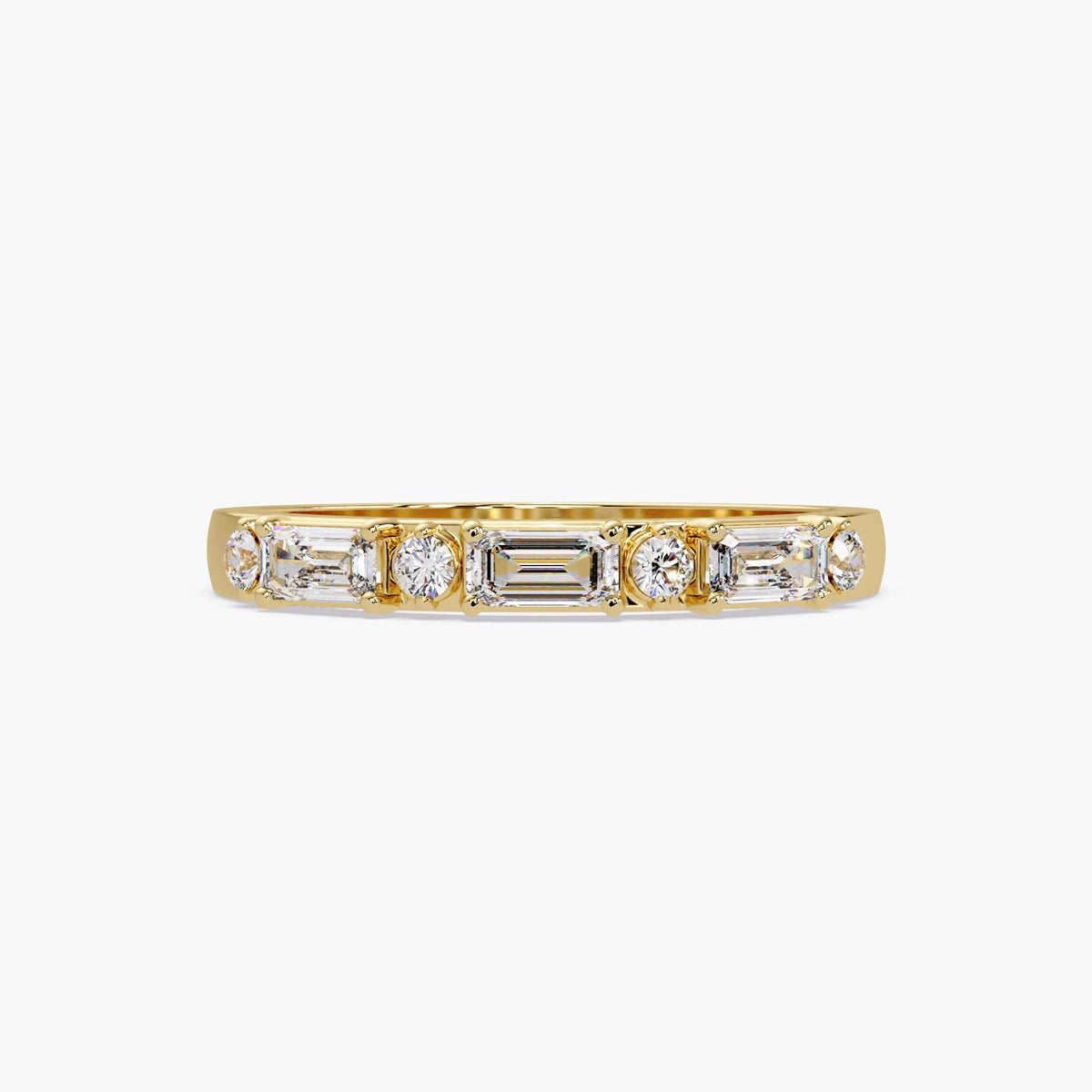14K yellow gold band with alternating emerald-cut and round lab-grown diamonds