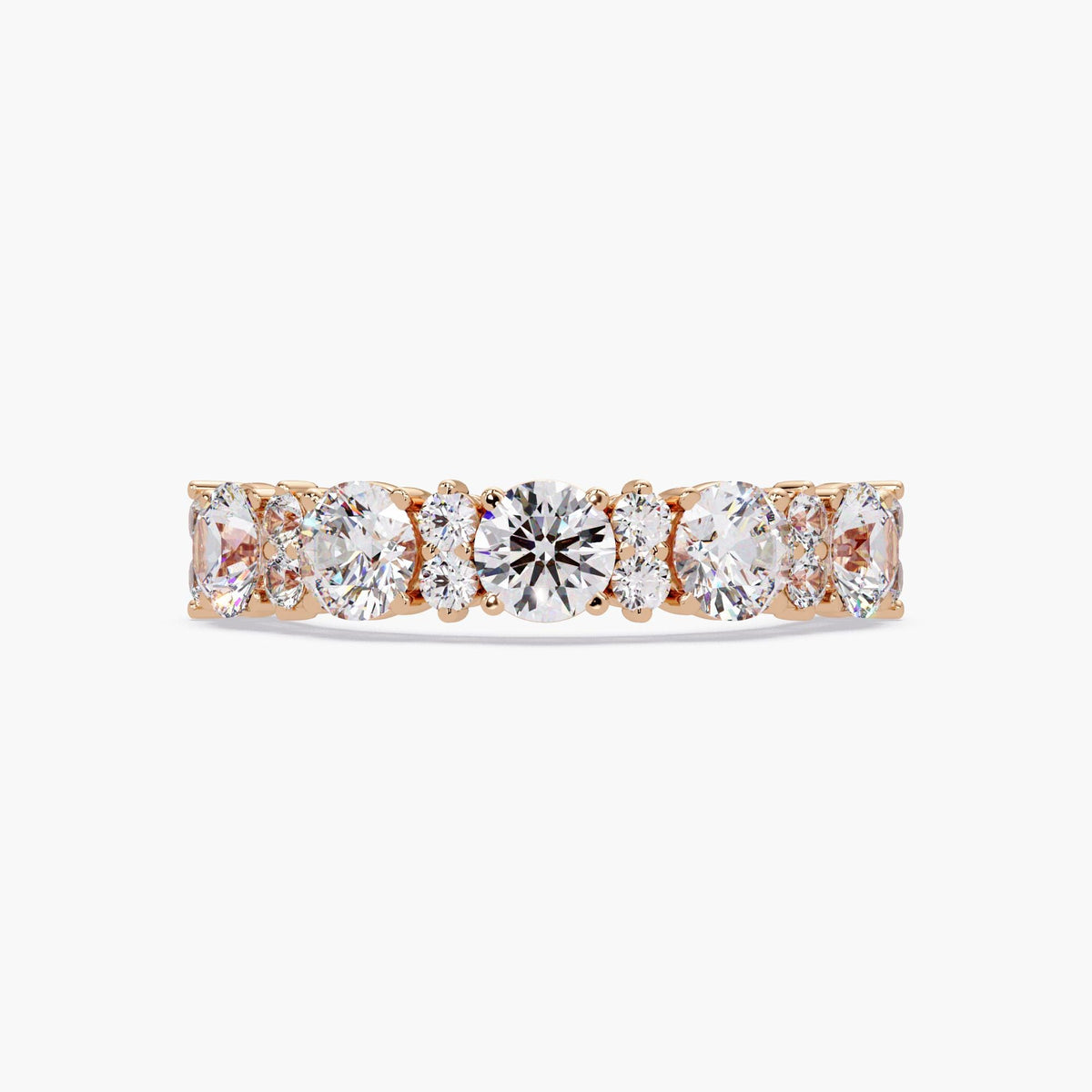 14K rose gold five-stone diamond band showing brilliance and prong details.