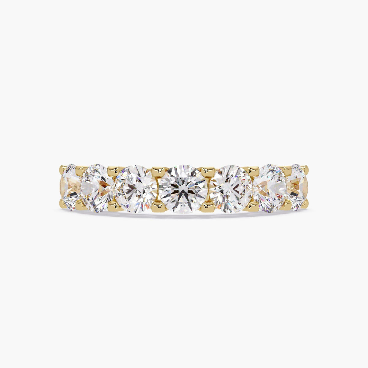 14K yellow gold seven-stone diamond band with 4.3mm round lab-grown diamonds in a U-prong setting
