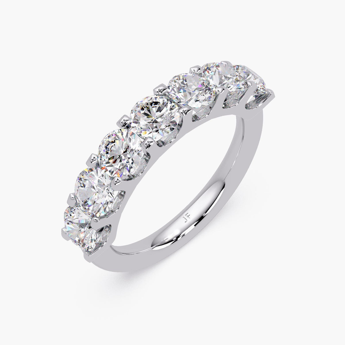 14K white gold seven-stone diamond band with 4.3mm round lab-grown diamonds in a U-prong setting. also available in 925 sterling silver
