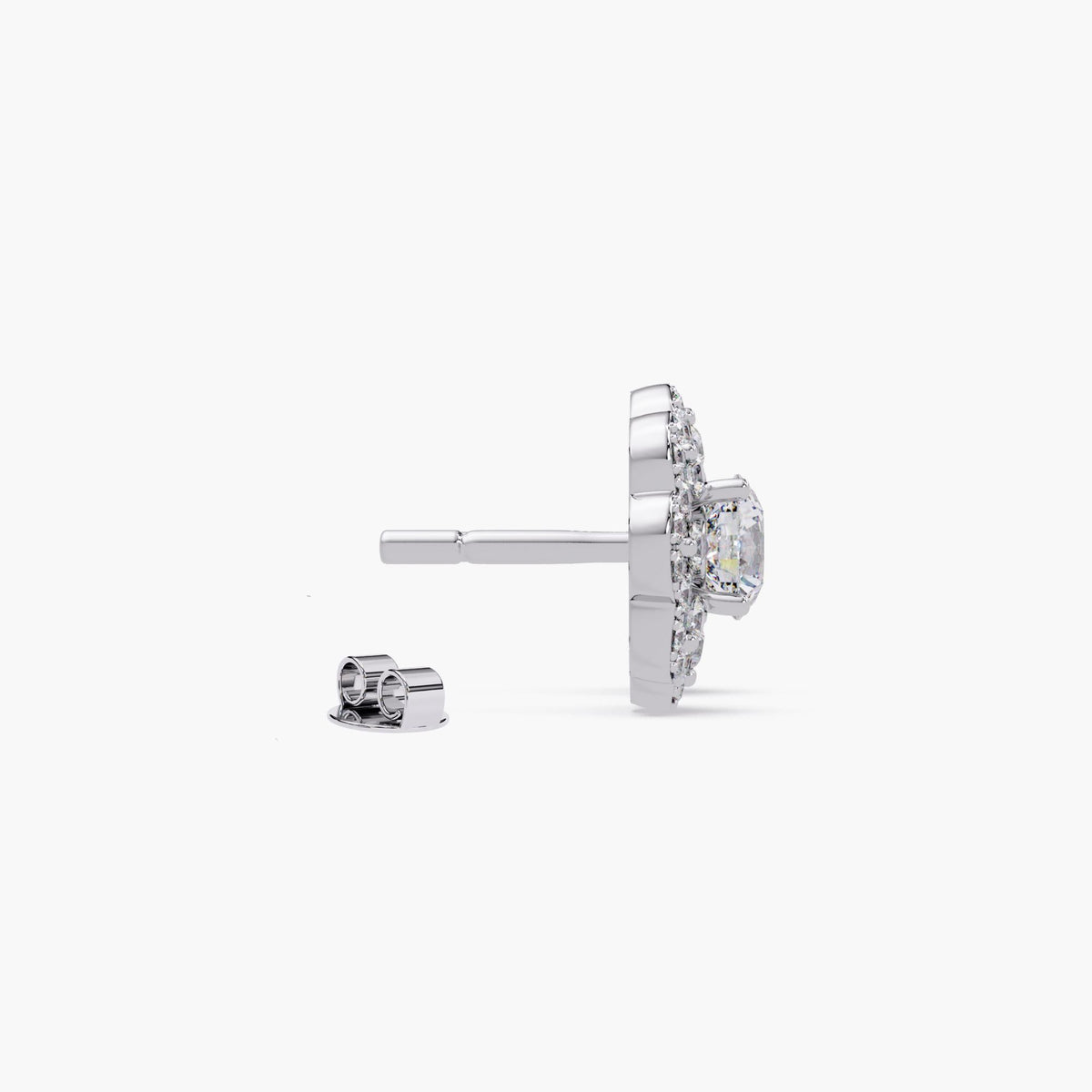 14K white gold diamond flower stud earrings with a cluster design featuring a center round diamond surrounded by smaller pavé diamonds