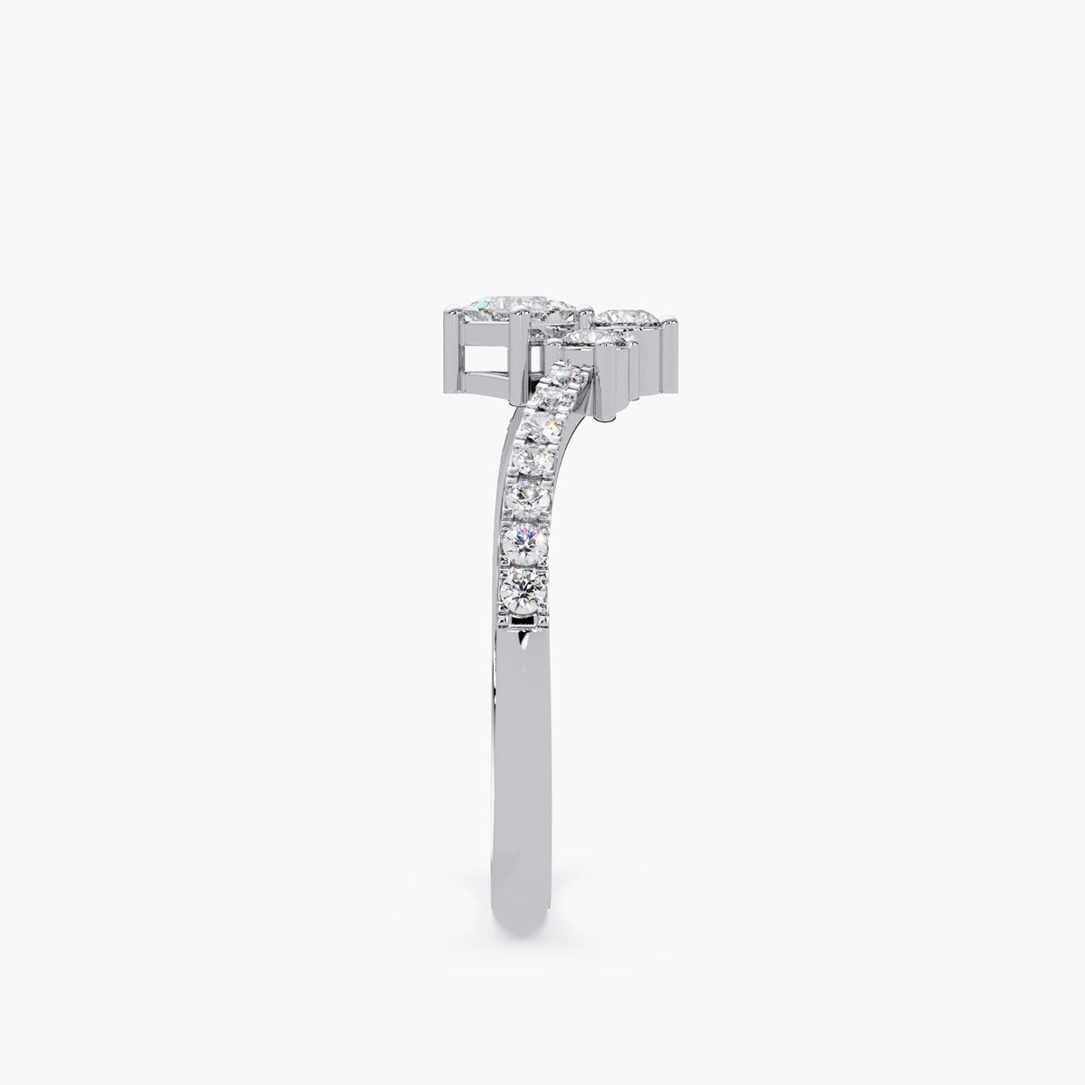 14K white gold princess and round lab diamond tiara V ring worn on hand, 0.50 CTW.