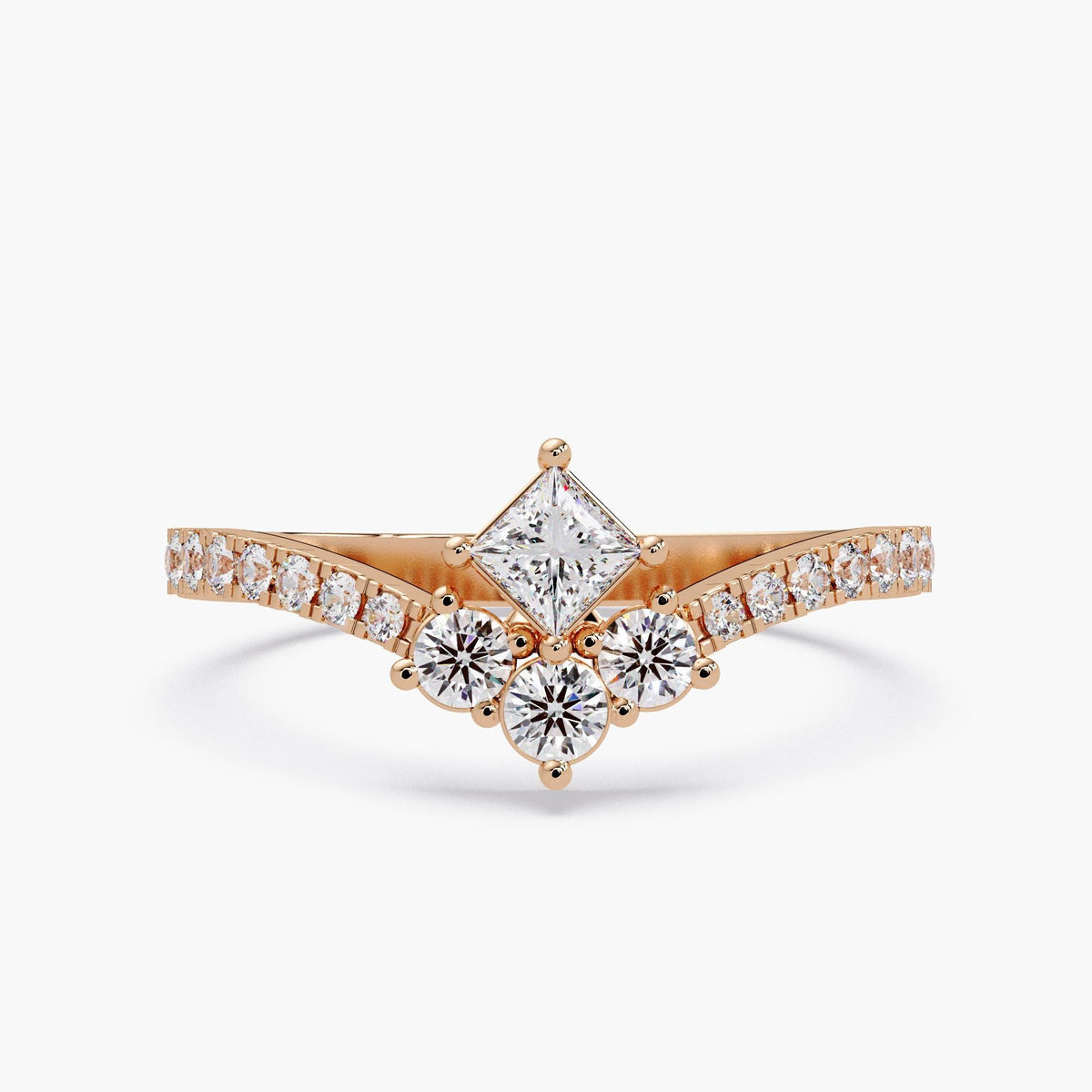 14K rose gold princess and round lab diamond tiara V ring worn on hand, 0.50 CTW.