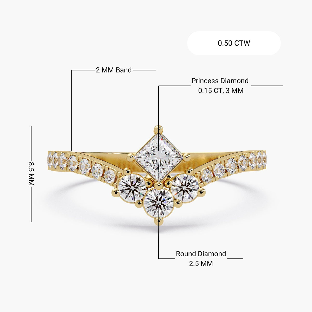 14K yellow gold princess and round lab diamond tiara V ring worn on hand, 0.50 CTW.