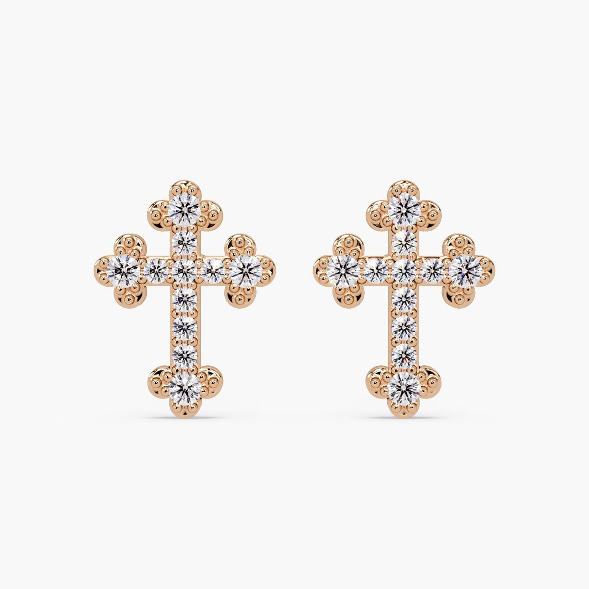 14K rose gold diamond cross stud earrings with pavé natural diamonds