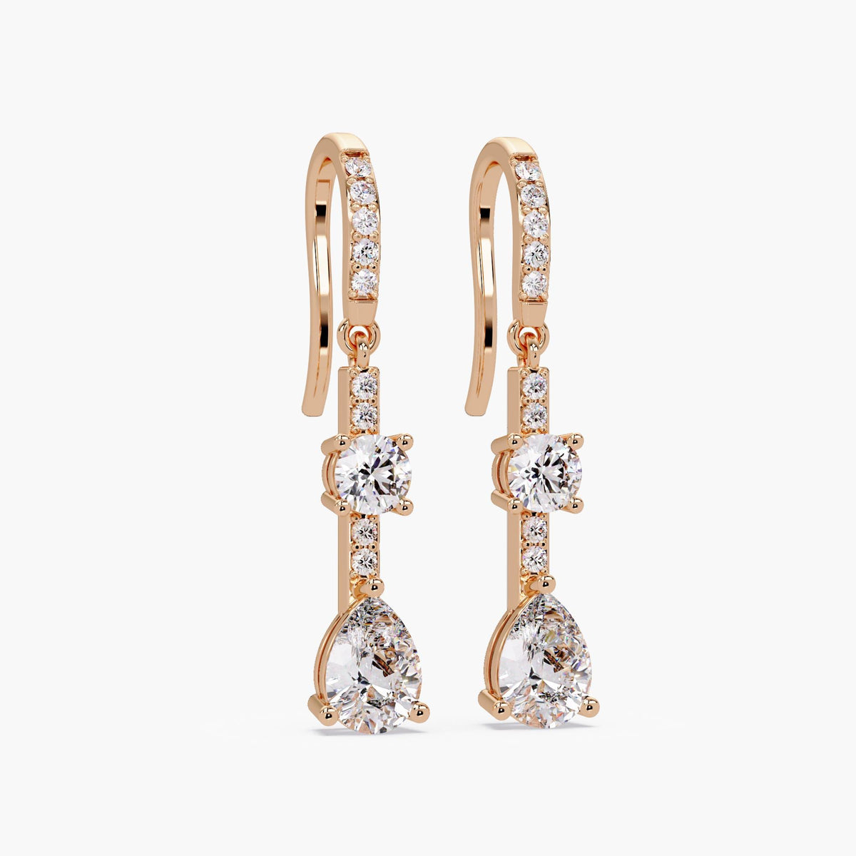 14k rose gold diamond dangle earrings, 1.75 CTW lab-grown diamonds.