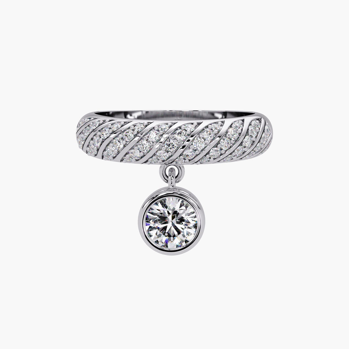 White gold diamond dangle ring with pavé dome band and bezel-set round diamond drop