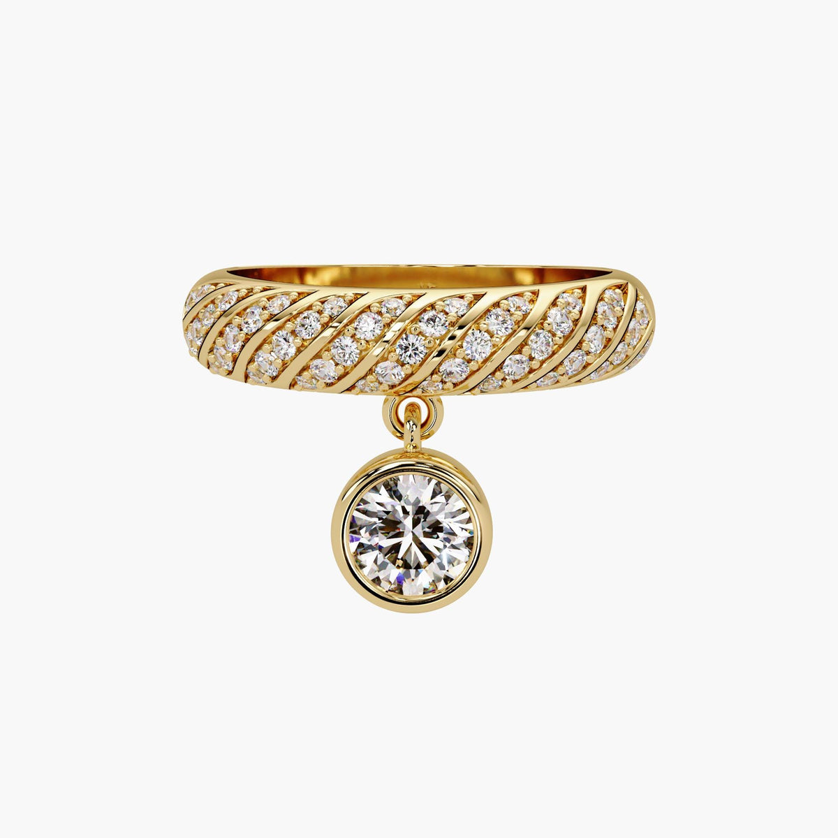 14K yellow gold pavé dome ring with dangling round lab diamond charm