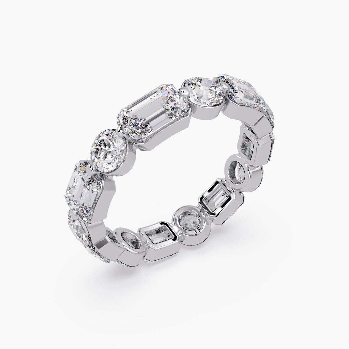 14K white gold anniversary band with alternating emerald and round lab grown diamonds
