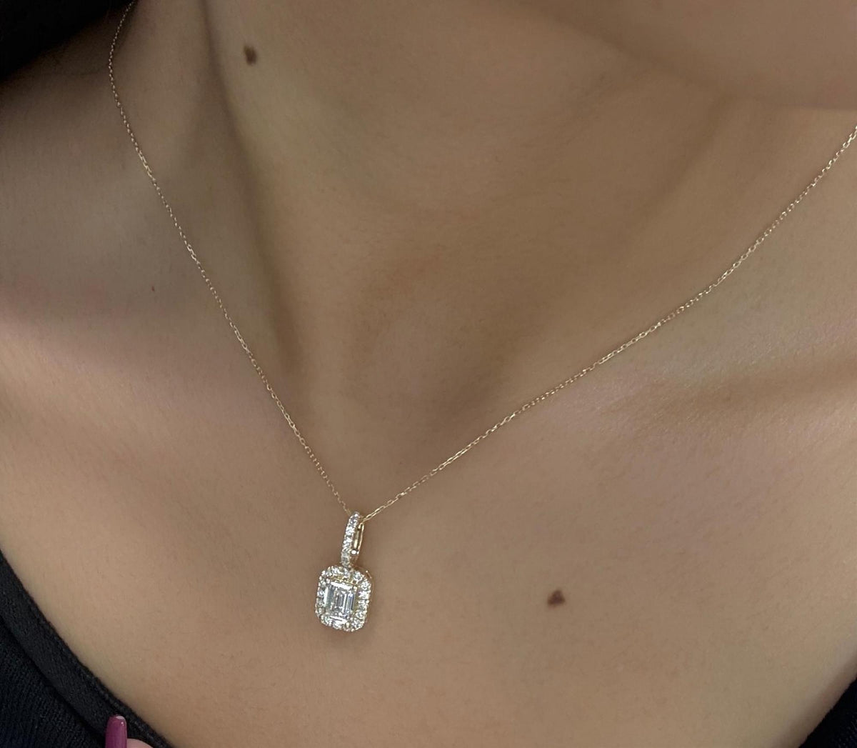 14K Gold Halo Diamond Pendant, 1.50Ctw Emerald Cut Charm Pendant, Dainty Gold Chain Necklace, Gift for Her