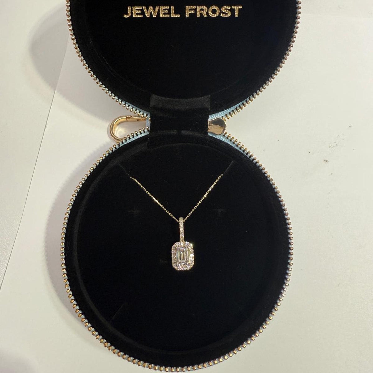 14K Gold Halo Diamond Pendant, 1.50Ctw Emerald Cut Charm Pendant, Dainty Gold Chain Necklace, Gift for Her