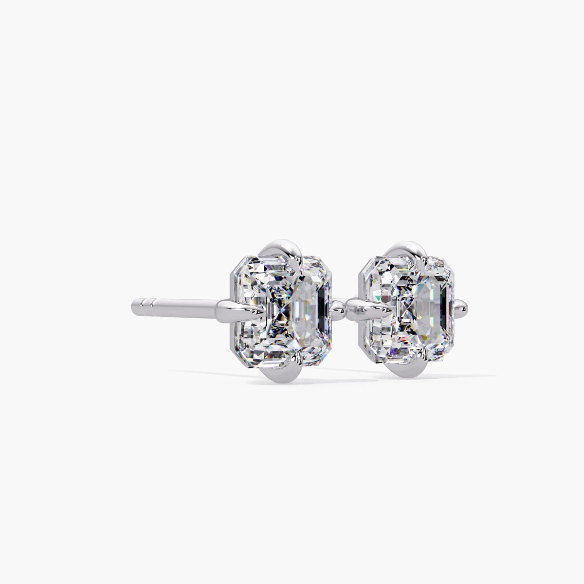 Asscher cut lab grown diamond stud earrings in 14k white gold, classic everyday studs