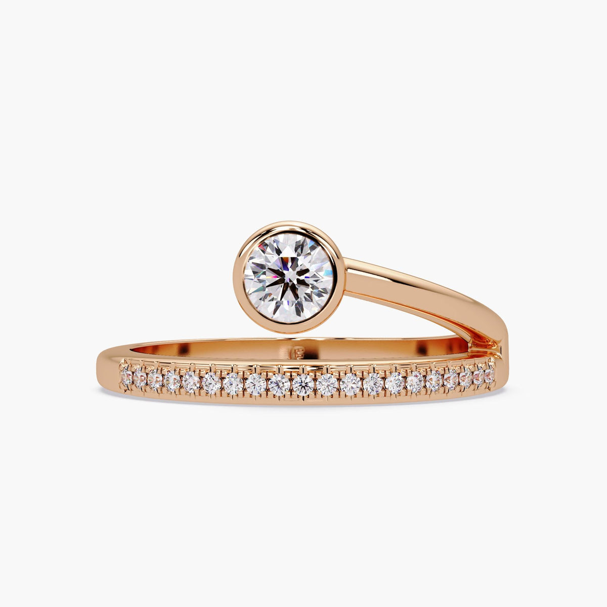 14K rose gold diamond wrap pinky ring with a round bezel-set center and pavé wrap band.