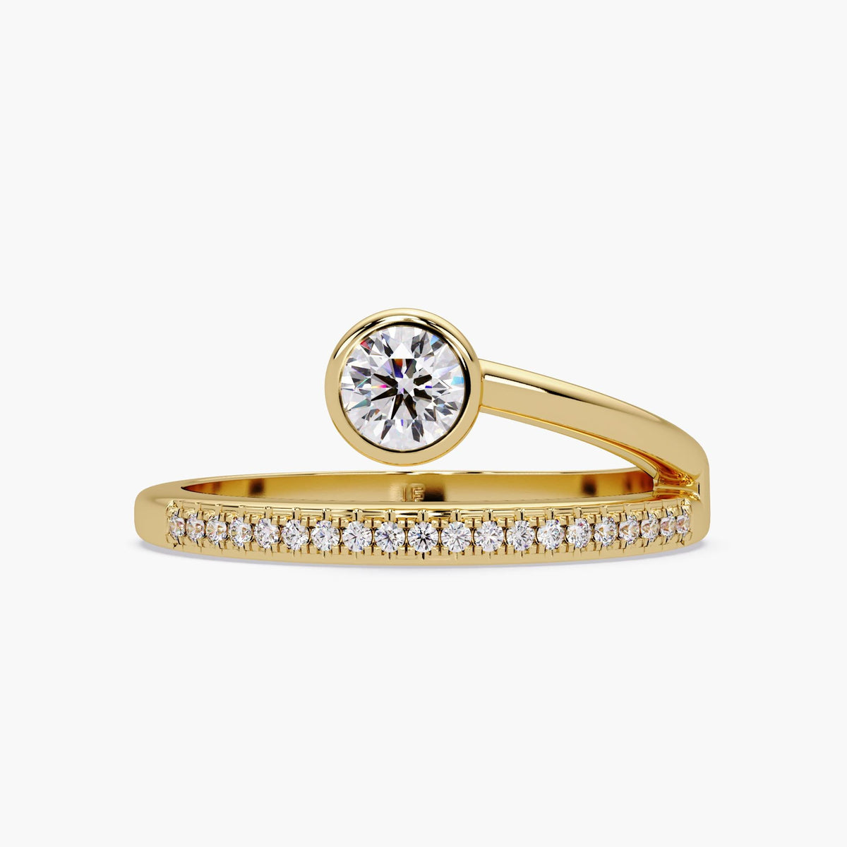 14K gold diamond wrap pinky ring with a round bezel-set center and pavé wrap band.