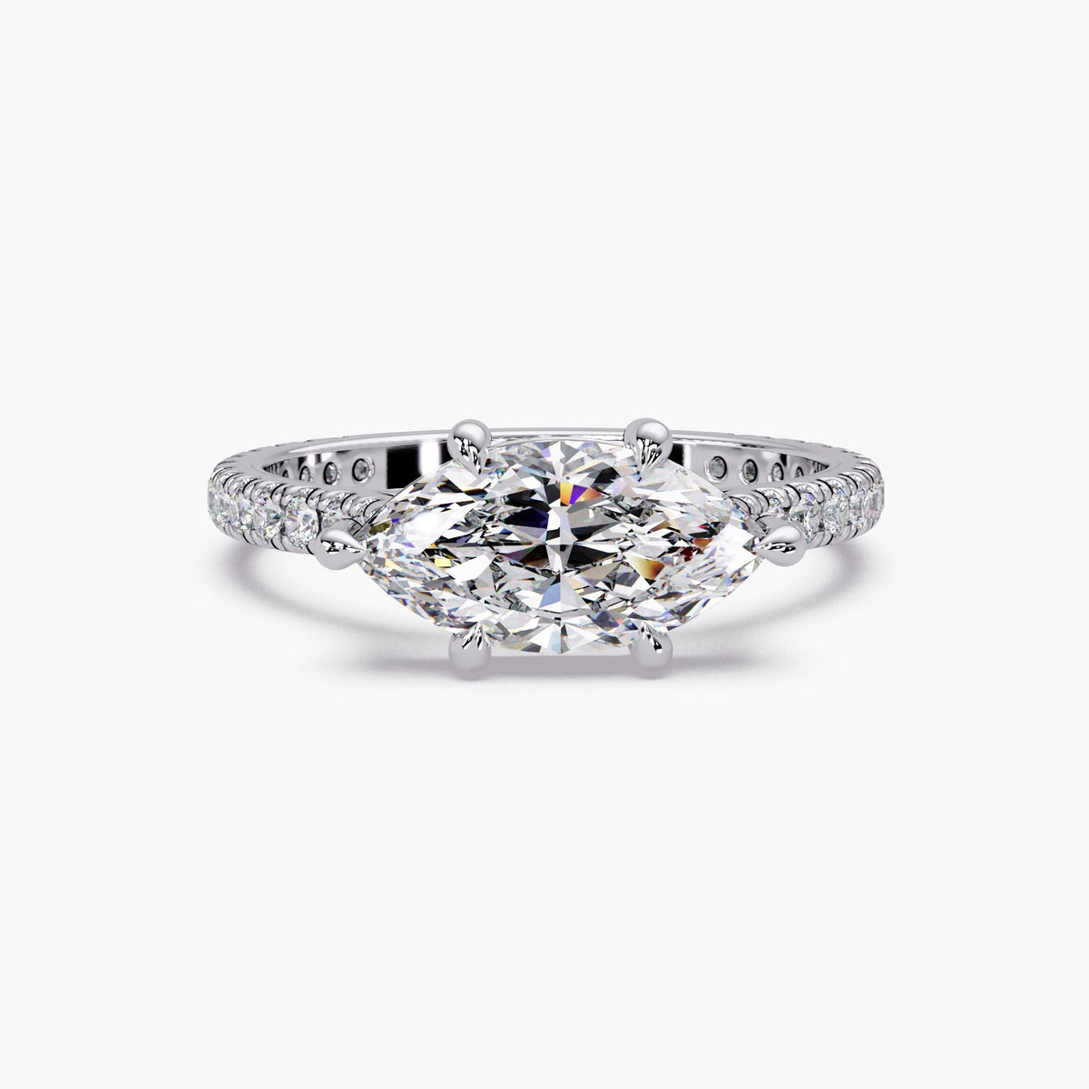 14K white gold east-west marquise lab-grown diamond ring with a 1.5 ct center stone and pavé band